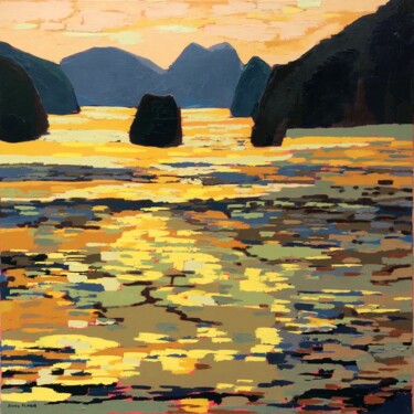 Painting titled "La baie d'Halong" by Anne Fersit, Original Artwork, Oil Mounted on Wood Stretcher frame