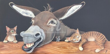 Schilderij getiteld "L’âne et chats" door Annemarie Laffont, Origineel Kunstwerk, Acryl Gemonteerd op Frame voor houten bran…