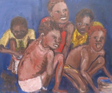 Peinture intitulée "enfants sur fond bl…" par Anne Paul, Œuvre d'art originale, Huile