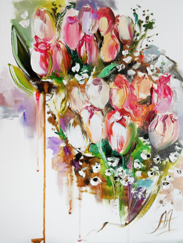 Картина под названием "Tulip flowers paint…" - Annet Loginova, Подлинное произведение искусства, Масло