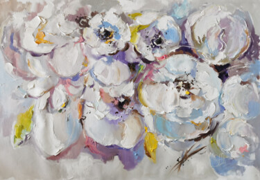 Painting titled "Creamy buds" by Annet Loginova, Original Artwork, Oil Mounted on Wood Panel