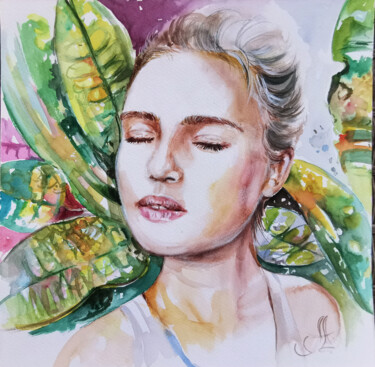 Schilderij getiteld "Young woman waterco…" door Annet Loginova, Origineel Kunstwerk, Aquarel