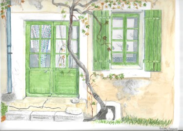 Pintura intitulada "la maison au chat b…" por Annette Bernard, Obras de arte originais, Aquarela