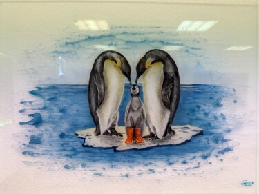 Painting titled "Pinguine" by Annette Speck, Original Artwork, Stained glass painting Mounted on Glass