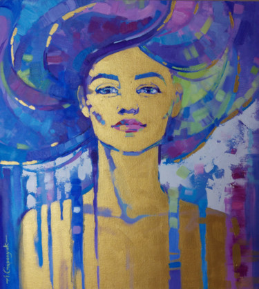 Pintura intitulada "Golden face female…" por Anna Gaponiuk, Obras de arte originais, Acrílico