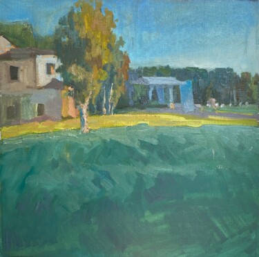 Painting titled "Green grass and chu…" by Ann Golub, Original Artwork, Oil