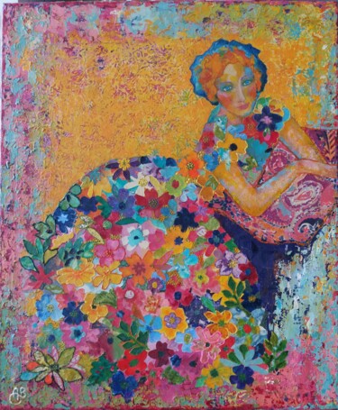 제목이 "La femme fleur"인 콜라주 Annick Brulois로, 원작, 콜라주 나무 들것 프레임에 장착됨