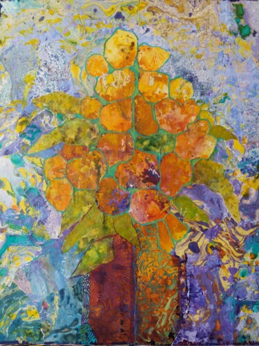 Collagen mit dem Titel "Bouquet au vase mar…" von Annick Brulois, Original-Kunstwerk, Acryl Auf Keilrahmen aus Holz montiert