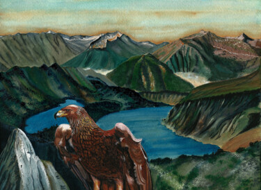 Pintura intitulada "Aigle dans les Pyré…" por Annie Décarpes (kirova), Obras de arte originais, Aquarela