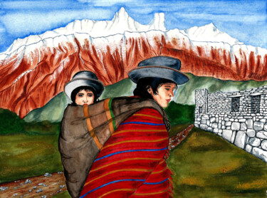 Ζωγραφική με τίτλο "Femme et enfant Equ…" από Annie Décarpes (kirova), Αυθεντικά έργα τέχνης, Ακουαρέλα