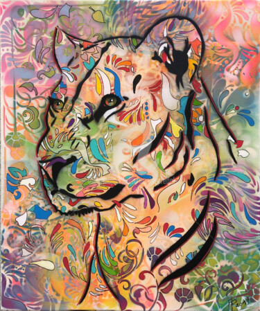 Картина под названием "La Lionne série fél…" - Annie Predal, Подлинное произведение искусства, Рисунок распылителем краски