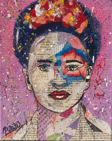 Collagen mit dem Titel "Frida la Grande" von Annie Predal, Original-Kunstwerk, Acryl