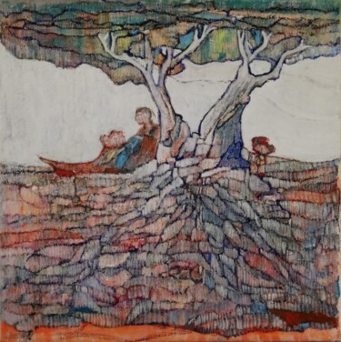 Drawing titled "Au pied de mon arbre" by Annie Vandemalle, Original Artwork, Pastel Mounted on Wood Stretcher frame