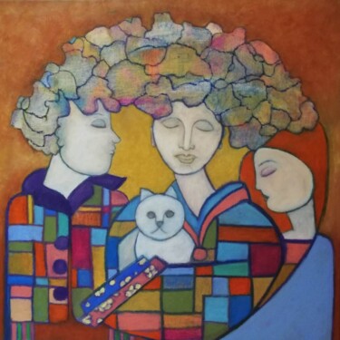 Painting titled "Portrait de famille" by Annie Vandemalle, Original Artwork, Pastel Mounted on Wood Stretcher frame