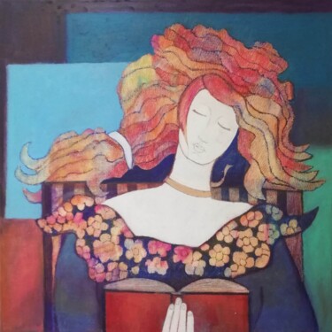 Painting titled "La lectrice" by Annie Vandemalle, Original Artwork, Pastel Mounted on Wood Stretcher frame