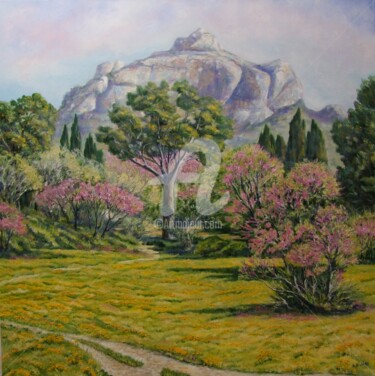 Pittura intitolato "Arbres de Judée en…" da Annie Rivière, Opera d'arte originale, Olio