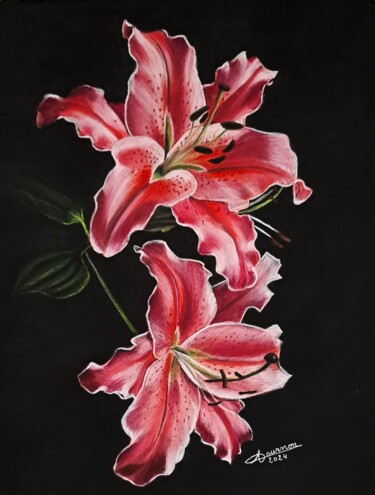 Malerei mit dem Titel "Lys roses" von Anny Dournon, Original-Kunstwerk, Pastell