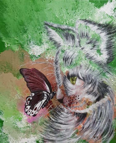 Peinture intitulée "Le chat et la nature" par Anny Burtscher-Beaudoin, Œuvre d'art originale, Acrylique