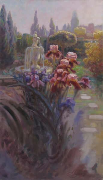 Painting titled "Morning in the gard…" by Anny Myrna, Original Artwork, Oil Mounted on Wood Stretcher frame