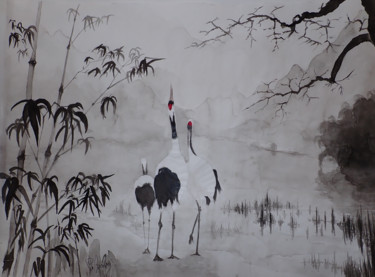 Pittura intitolato "Grues du Japon dans…" da Philippe Anselme, Opera d'arte originale, Inchiostro Montato su Altro pannello…