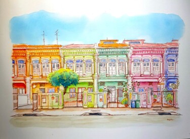 Pittura intitolato "Peranakan Houses of…" da Antara Chakraborty (Koganu), Opera d'arte originale, Acquarello