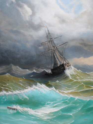 Painting titled ""Ship in the Stormy…" by Anthony Colange, Original Artwork, Oil Mounted on Wood Stretcher frame