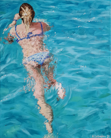 Painting titled "Swimmer II" by Anthony Lebedev, Original Artwork, Oil Mounted on Wood Stretcher frame