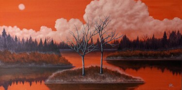 Painting titled "Autumn Sky" by Lusignan Studios, Original Artwork, Oil Mounted on Wood Stretcher frame