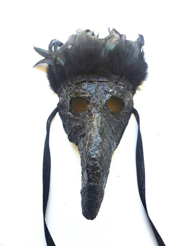 Sculpture titled "Black Feather Mask…" by Anthony Saldivar, Original Artwork, Acrylic
