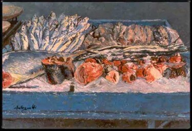 Pittura intitolato "Banchetto di pesci" da Lorenzo  Antognetti Artista, Opera d'arte originale