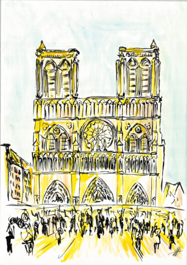 Schilderij getiteld "Notre Dame" door Antoine Dazy, Origineel Kunstwerk, Aquarel