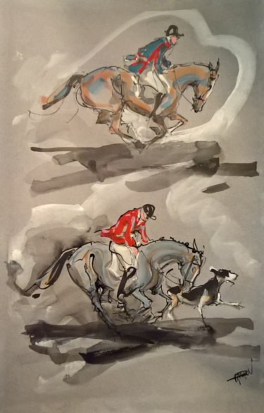 Peinture intitulée "19 Les deux cavalie…" par Antoine Faure, Œuvre d'art originale, Gouache