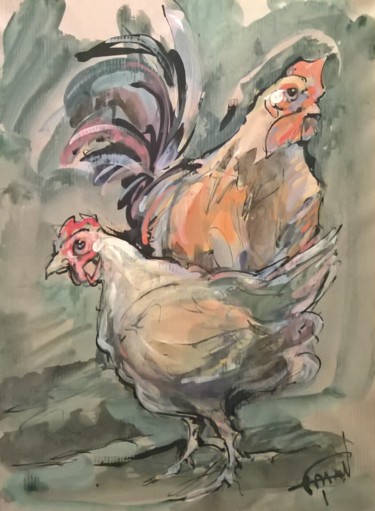 Painting titled "19 Le coq guette" by Antoine Faure, Original Artwork, Gouache