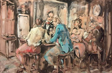 Painting titled "70 Retrouvailles au…" by Antoine Faure, Original Artwork, Gouache