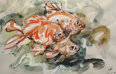 Pintura titulada "20 les poissons rou…" por Antoine Faure, Obra de arte original, Gouache