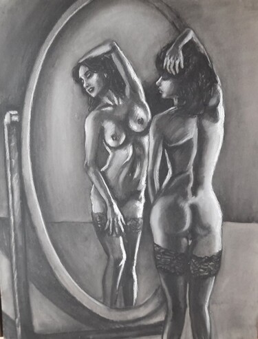 Disegno intitolato "Behind the mirror,…" da Anton Polkhovskii, Opera d'arte originale, Carbone
