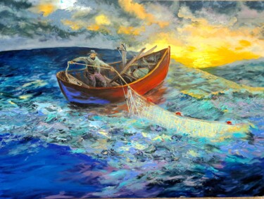 Painting titled "Oilpaiting "fisherm…" by Anton Zapotochnyi, Original Artwork, Oil Mounted on Wood Stretcher frame