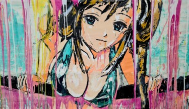 Schilderij getiteld "Three Anime Girls" door Antoni Dragan, Origineel Kunstwerk, Acryl Gemonteerd op Frame voor houten branc…