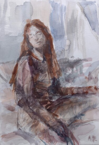 Painting titled "Woman sitting" by Antonia Rusu, Original Artwork, Gouache