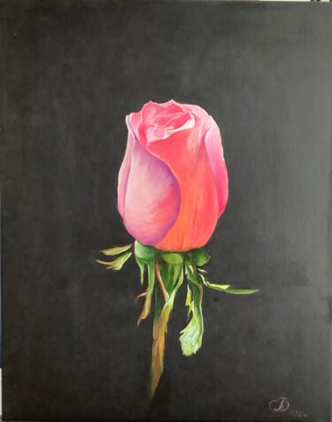 Painting titled "Pink Rose on Black…" by Antonina Dunaeva, Original Artwork, Oil