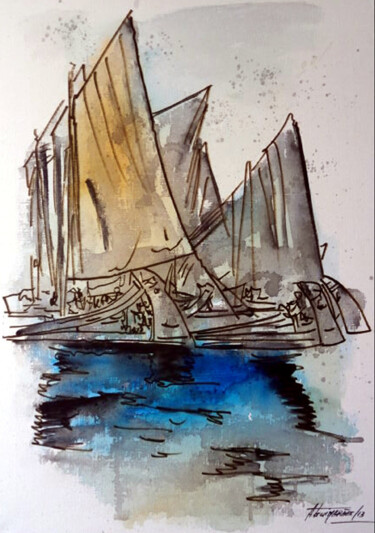 Malerei mit dem Titel "Barcos de Aveiro-Po…" von Antonio Guimaraes, Original-Kunstwerk, Aquarell