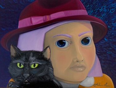 Картина под названием "Donna con gatto e B…" - Antonio Mosca, Подлинное произведение искусства, Масло