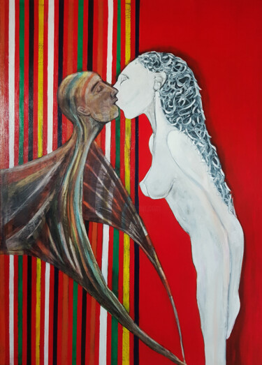 Painting titled "WHITE CARTOON KISS" by Antonio Pico, Original Artwork, Oil Mounted on Wood Stretcher frame