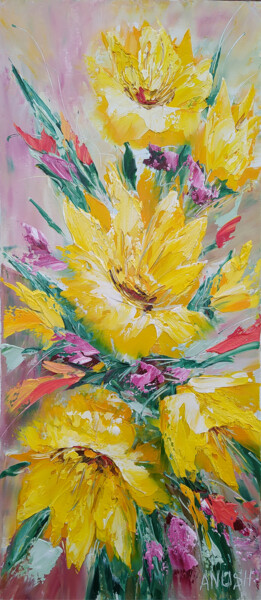 Painting titled "Flowers-3" by Anush Emiryan, Original Artwork, Oil Mounted on Wood Stretcher frame