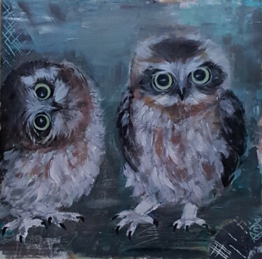Peinture intitulée "Funny owl's babies" par Anya Komaristaia, Œuvre d'art originale, Acrylique