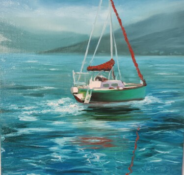 绘画 标题为“Boat Painting Seasc…” 由Anzhelika Izzi, 原创艺术品, 油 安装在木质担架架上