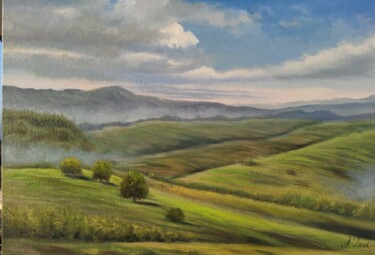 Painting titled "Tuscan Fieldes Pain…" by Anzhelika Izzi, Original Artwork, Oil Mounted on Wood Stretcher frame