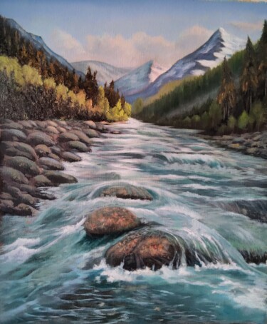 Painting titled "River Bank Painting…" by Anzhelika Izzi, Original Artwork, Oil