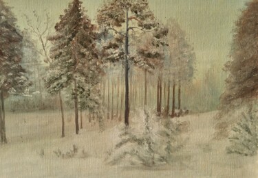 Painting titled "Pine Tree Winter Fo…" by Anzhelika Izzi, Original Artwork, Oil Mounted on Wood Stretcher frame