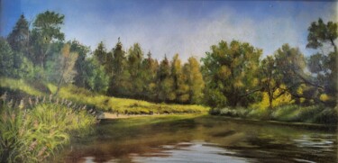 Painting titled "Forest River Painti…" by Anzhelika Izzi, Original Artwork, Oil Mounted on Wood Stretcher frame